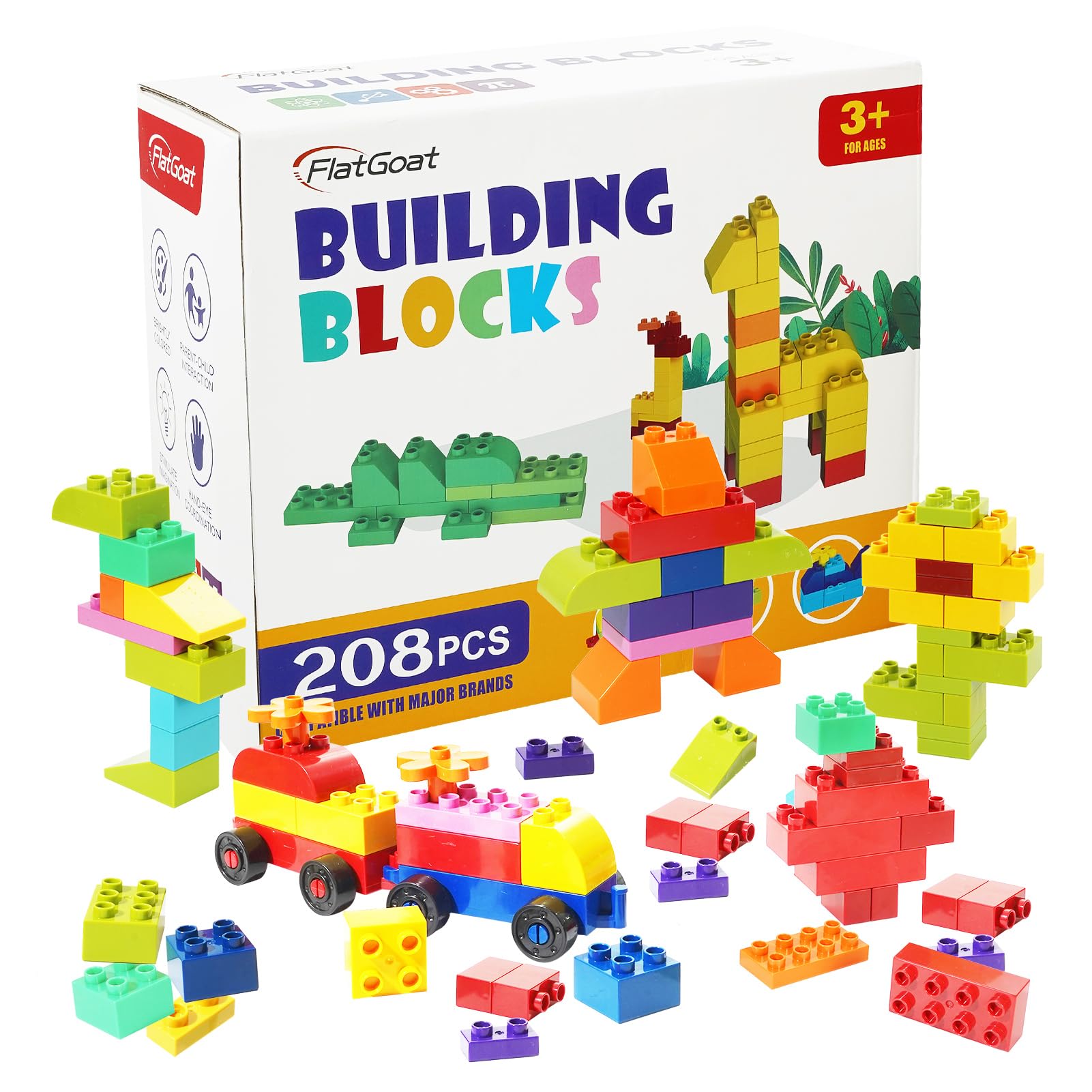 FlatGoat Building Blocks 208 Piece Set Compatible with All Major Brands, Classic Big Bricks for Kids Toddlers, STEM Large Building Toys with Gift Box for Boys Girls Ages 3 4 5 6 7 8+