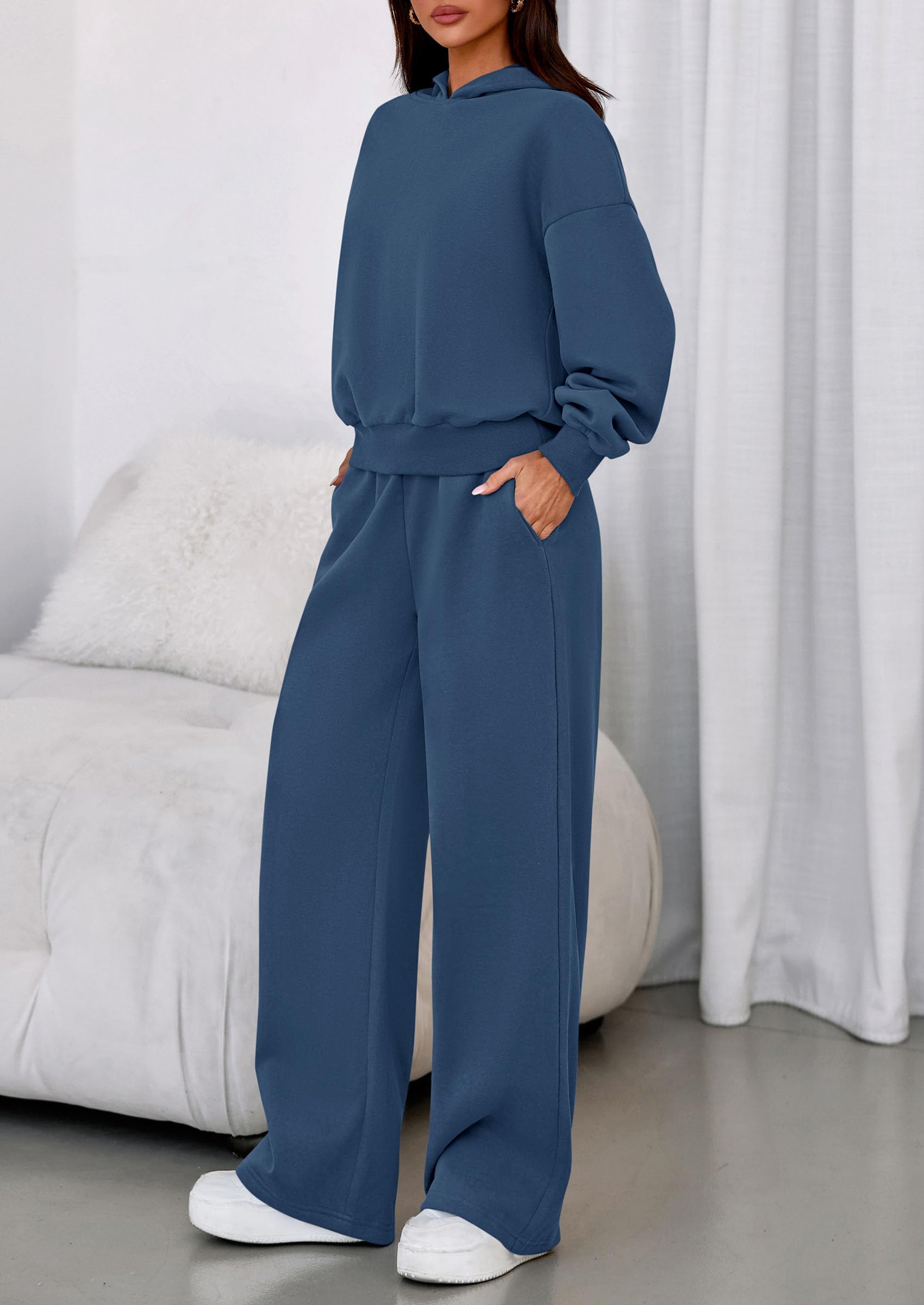 PRETTYGARDEN Womens Sweatsuits 2 Piece Set 2026 Casual Winter Long Sleeve Hoodie Loose Wide Leg Sweatpants Fall Tracksuit (Grey Blue,Medium)