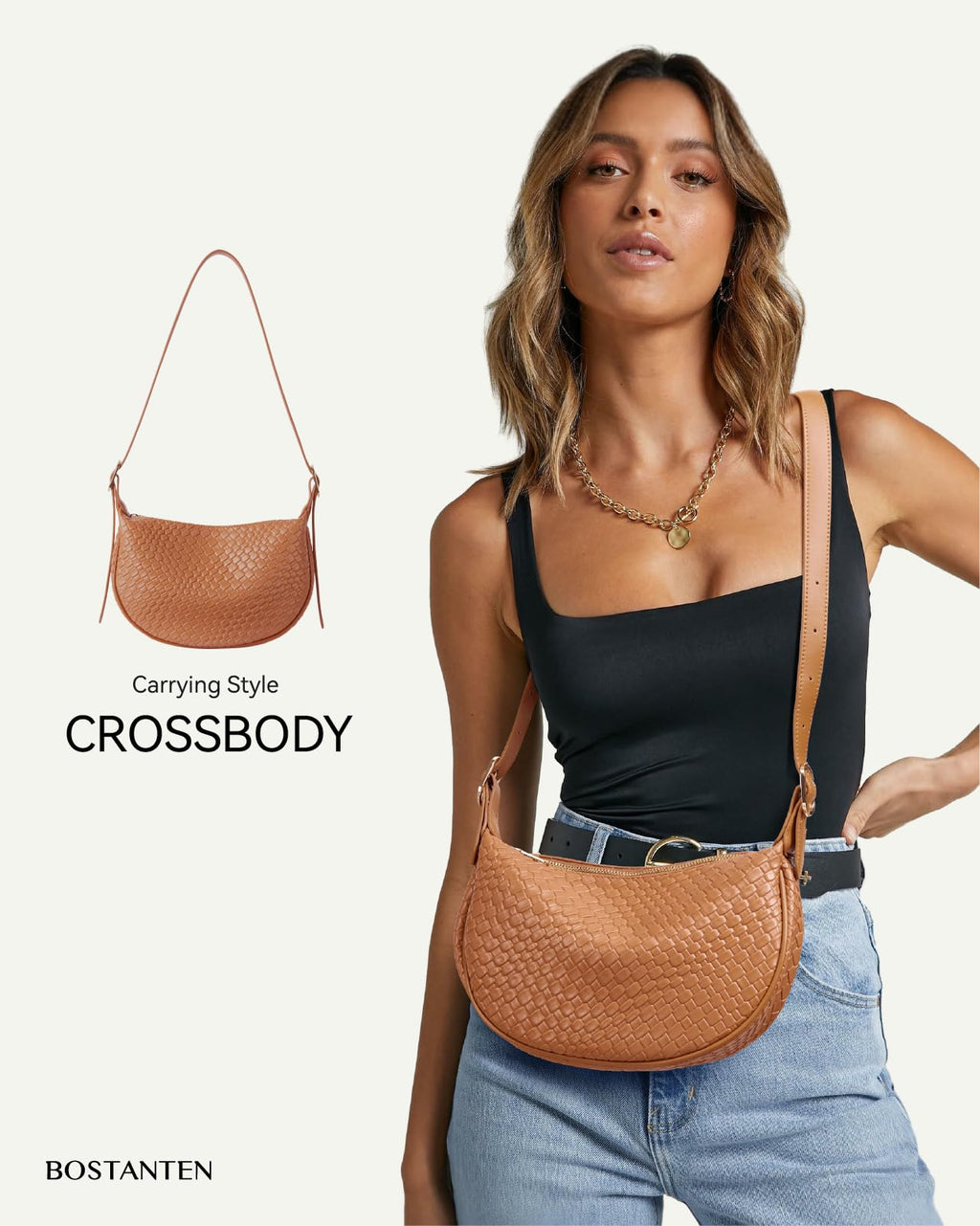 BOSTANTEN Purses for Women Crescent Crossbody Bag Vegan Leather Shoulder Hobo Handbag Adjustable Strap, Small Brown