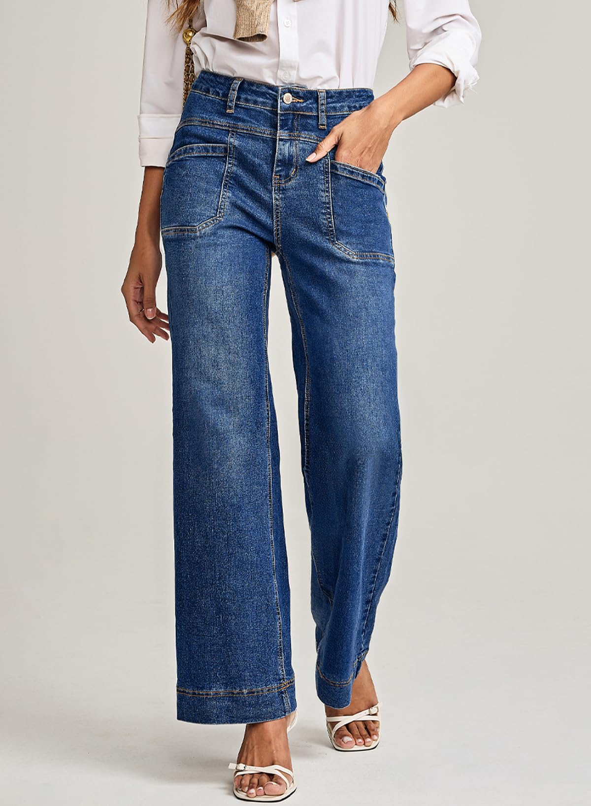EVALESS Wide Leg Jeans for Woman Trendy High Waisted Stretchy Straight Bootcut Jeans Petite Womens Control Tummy Casual Baggy Denim Pants with Pocket 2026 Outfits Navy Blue Size 4