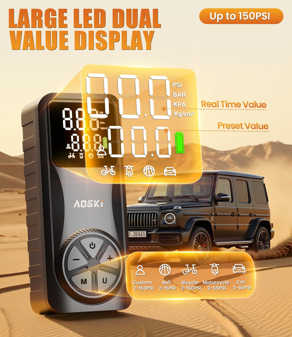 AOSKI Tire Inflator Portable Air Compressor: 150PSI Rechargeable Air Pump with Digital Pressure Gauge, LED Light and Auto Shut-Off - Fast Inflation for Car, Motorcycle, Bike, and Ball - Black