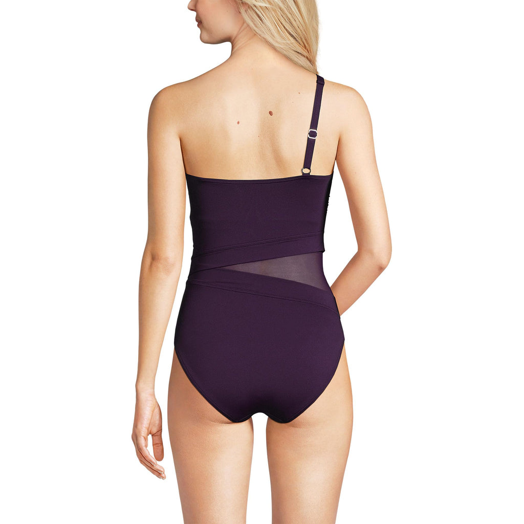 Lands' End Women's Chlorine Resistant Smoothing Control Mesh High Leg One Shoulder One Piece Swimsuit 2 BlackBerry