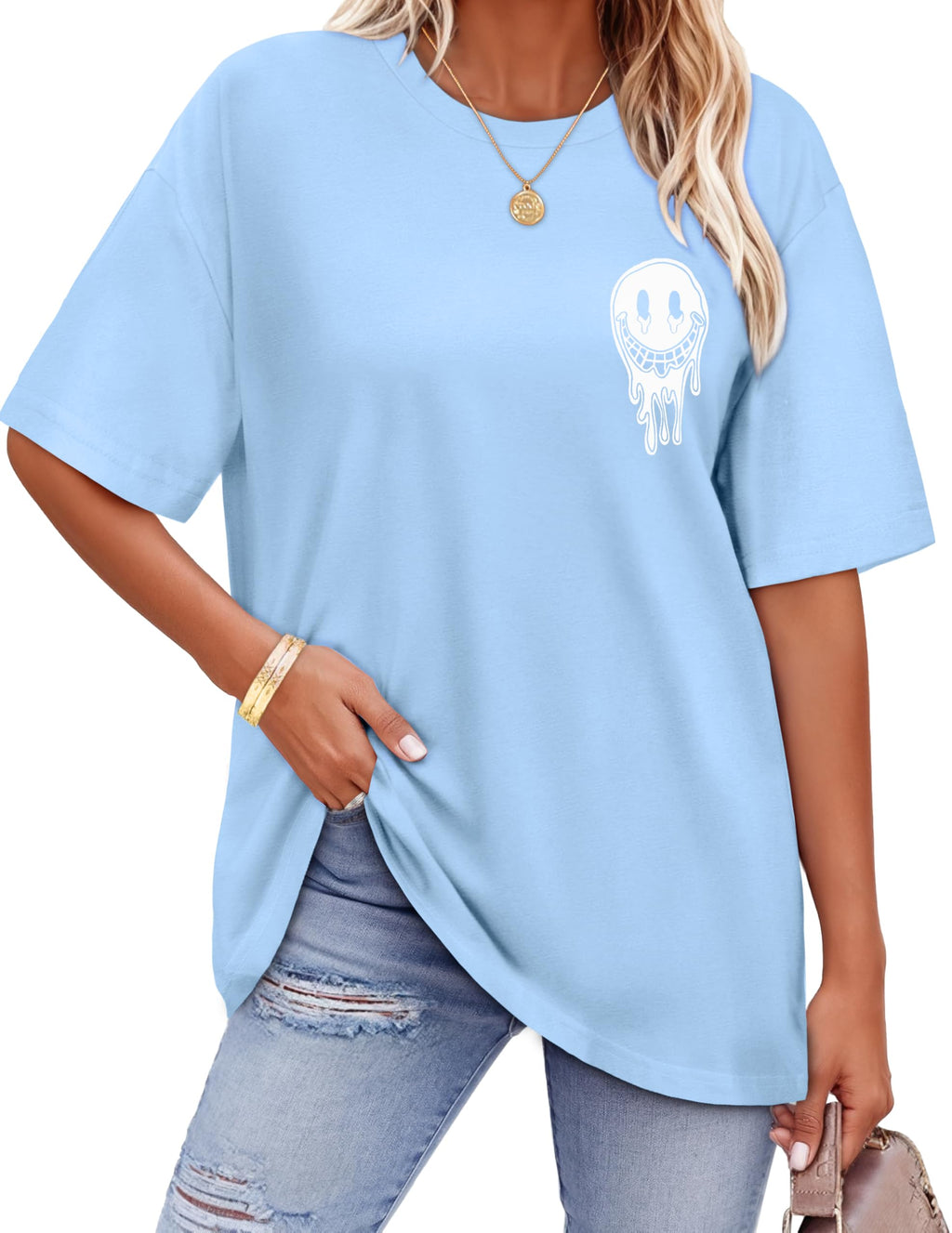 ADOREJOY Oversized Tshirts for Women Crewneck Summer Graphic Tees Short Sleeve Loose Basic Tops, Blue White Print, L