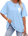 ADOREJOY Oversized Tshirts for Women Crewneck Summer Graphic Tees Short Sleeve Loose Basic Tops, Blue White Print, L