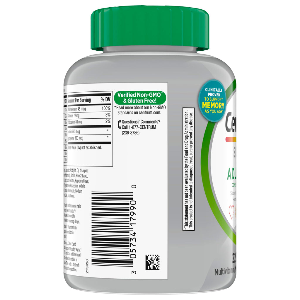 Centrum Silver Multivitamin for Adults 50 Plus, Multivitamin/Multimineral Supplement, Vitamin D3, B Vitamins, Gluten Free, Non-GMO Ingredients, Supports Memory and Cognition in Older Adults - 220 Ct
