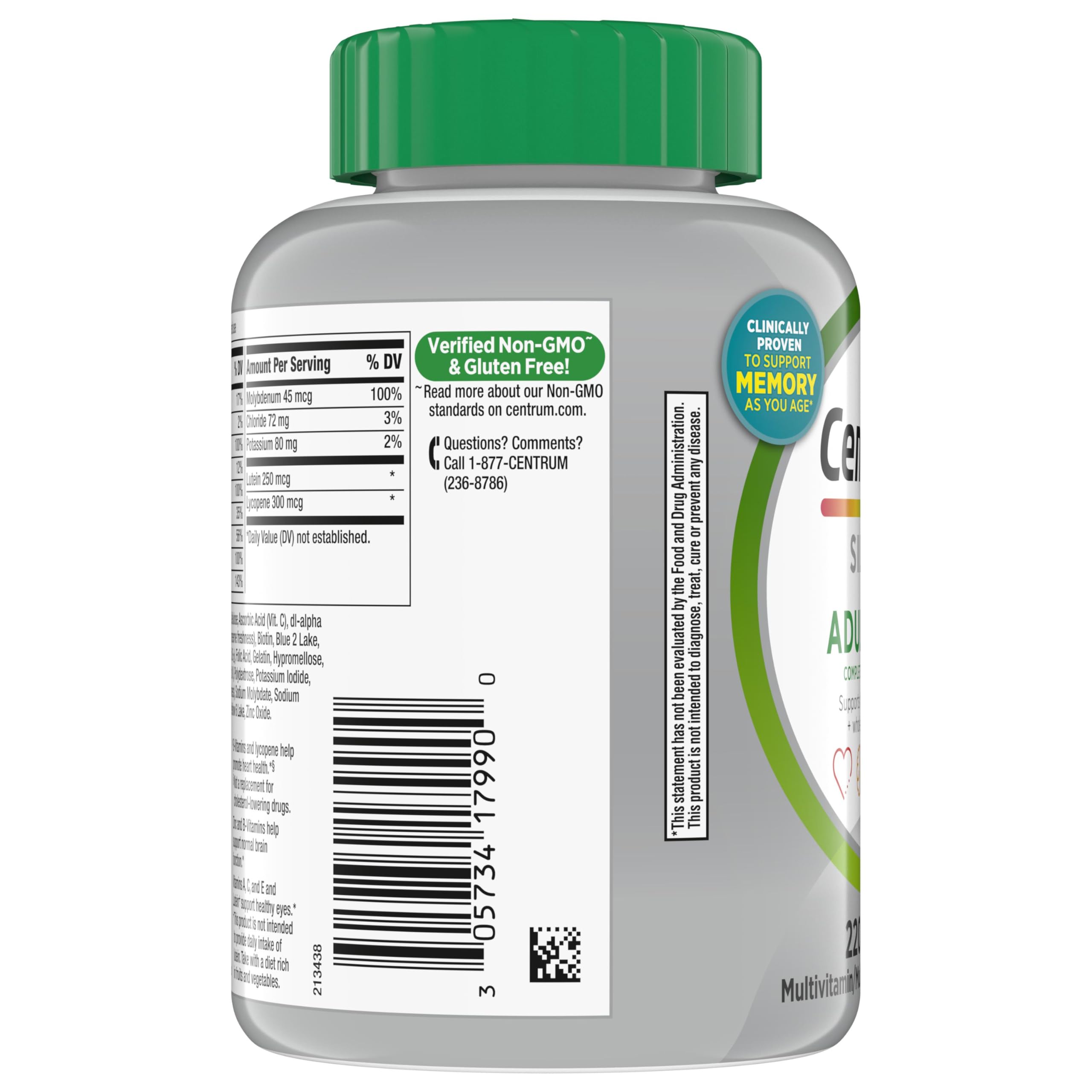 Centrum Silver Multivitamin for Adults 50 Plus, Multivitamin/Multimineral Supplement, Vitamin D3, B Vitamins, Gluten Free, Non-GMO Ingredients, Supports Memory and Cognition in Older Adults - 220 Ct