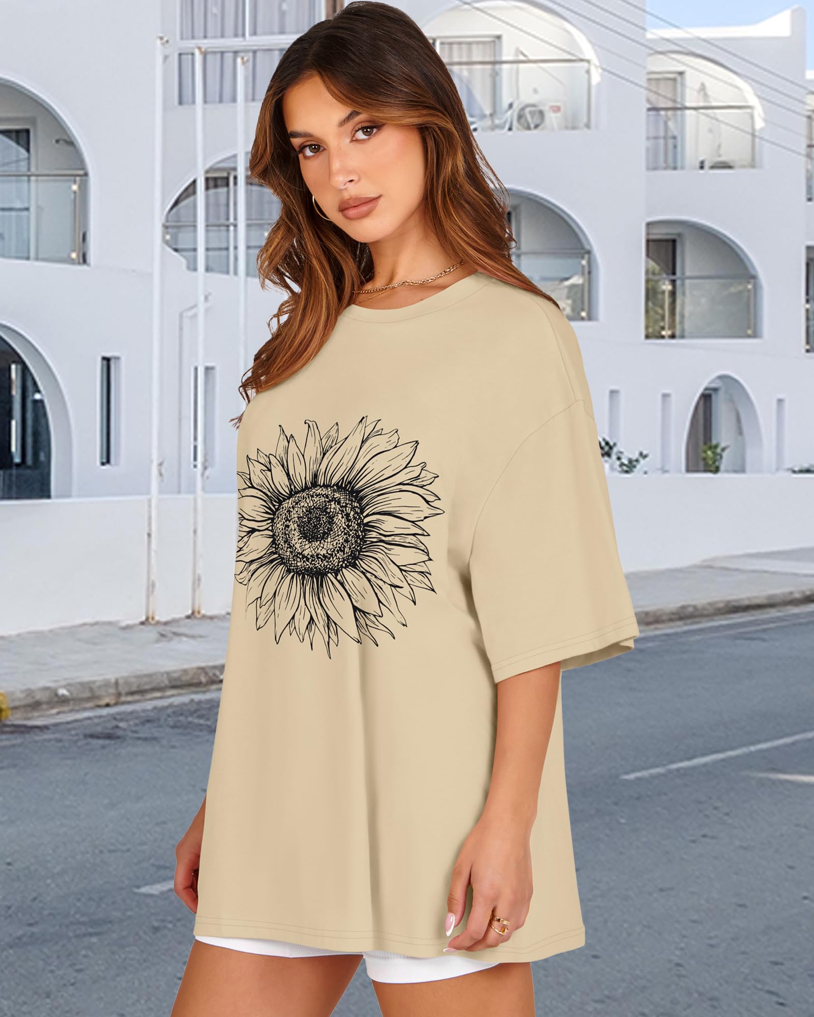 Womens Oversized Tshirt Graphic Tees Crew Neck Summer Short Sleeve Loose Fit Tops (A-Sunflower Print Khaki, L)