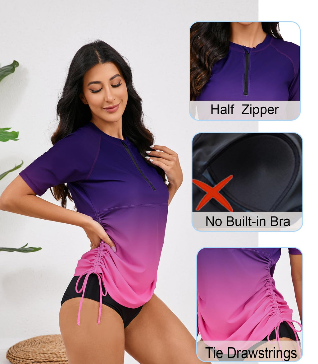 Halcurt Women's Half Zip Short Sleeve Rash Guard Swim Shirt with Tie Drawstring UPF50+ Swimsuit Top Ombre Purple Pink XL