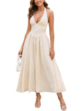 Parthea Women's Gingham Halter V Neck Midi Dress Corset Smocked Sundress Flowy A Line Wedding Guest Dresses Yellow