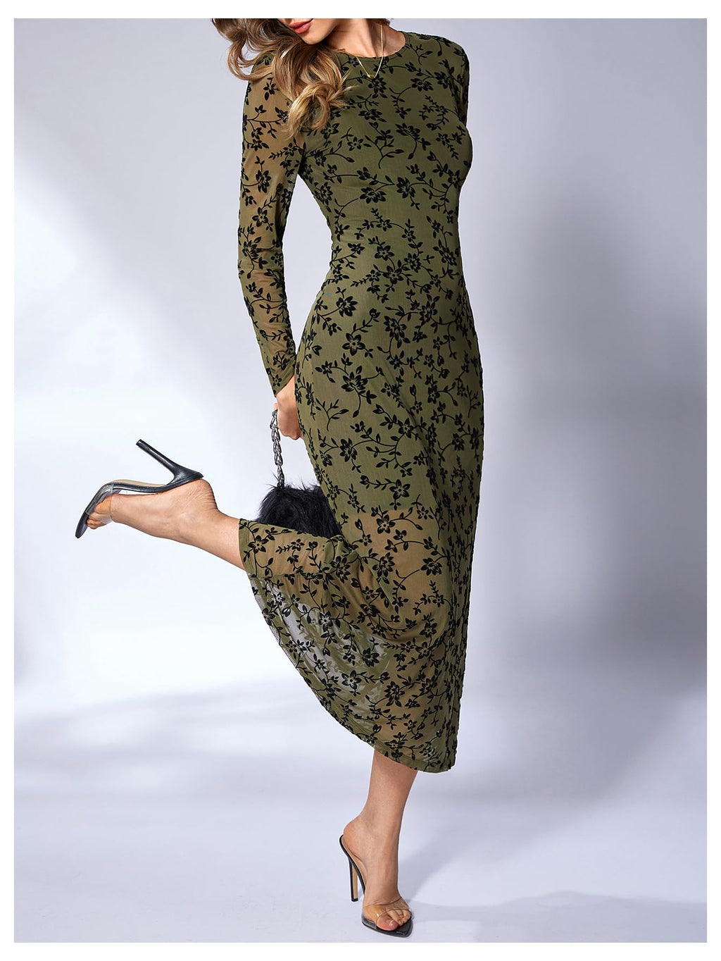 Verdusa Women's Floral Mesh Maxi Dresses Elegant Formal Long Sleeve Spring Wedding Guest Dress Cocktail Army Green Medium