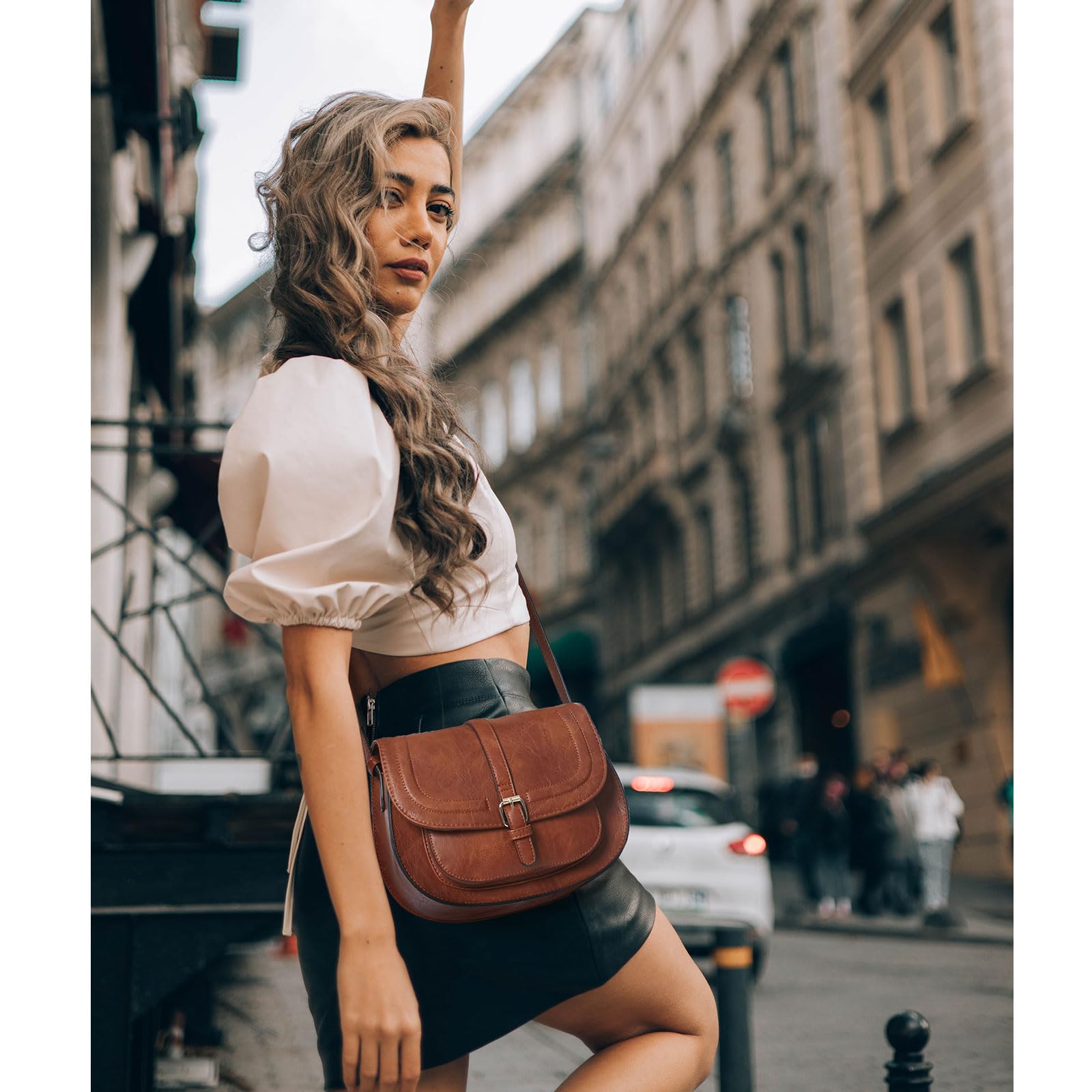 AFKOMST Crossbody Bags for Women,Small Saddle Purse and Boho Cross Body Handbags,Vegan Leather, Brown