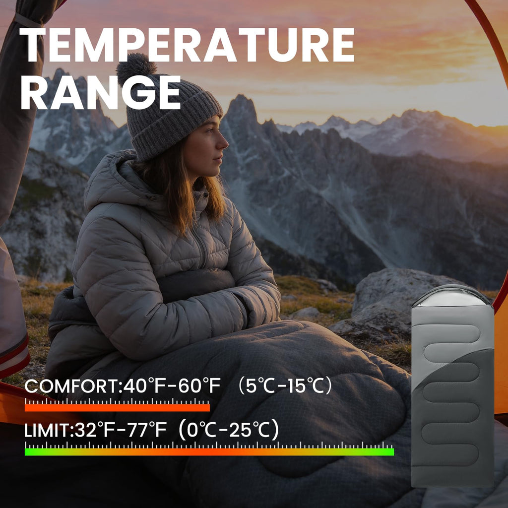 3-4 Season Sleeping Bag with Inflatable Pillow, Water-Resistant Taffeta, Windproof, Breathable Foot Zippers, Soft Brushed Inner, Foldable for Camping, Travel, Hiking & Home Use(Dark Grey)