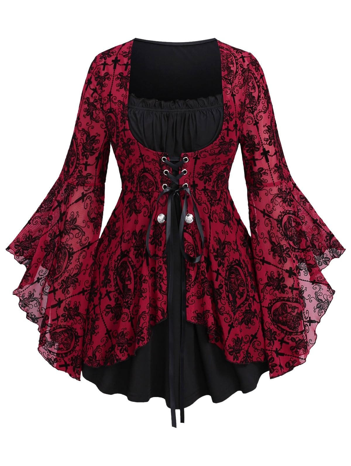 ROSE GAL Women Plus Size Flare Sleeves Ruffles Flower Lace Up 2 in 1 Top Long Sleeves Gothic Costume Top Bell Sleeves Twofer Tee(Red_2/2X)