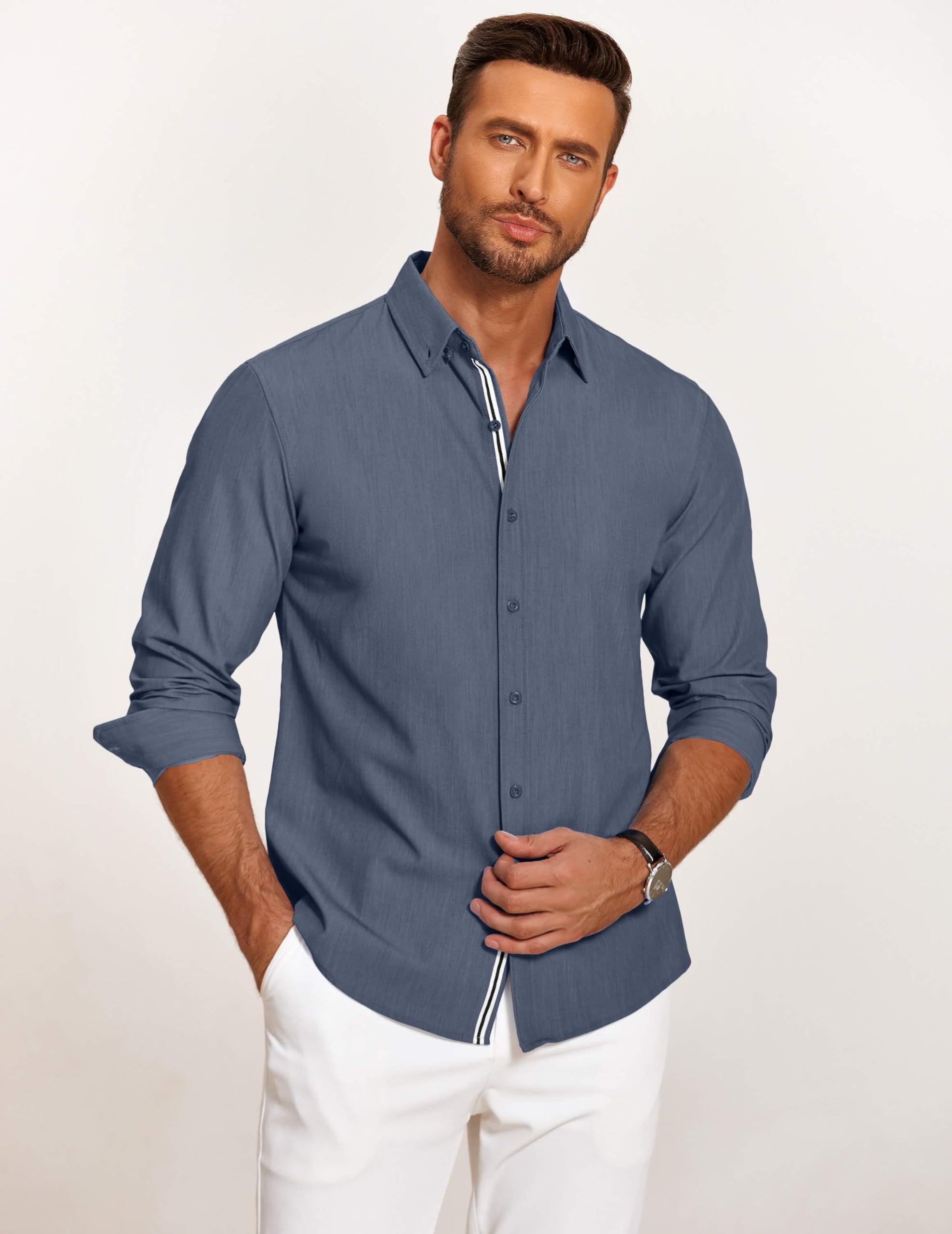 COOFANDY Mens Denim Shirt Long Sleeve Button Down Dress Shirts for Men, Navy Blue, XX-Large