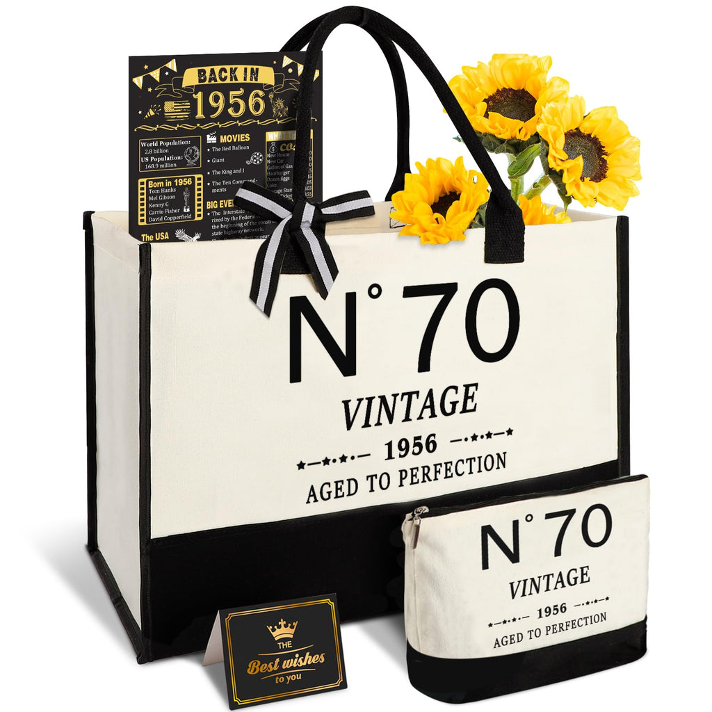 YeohJoy 70th Birthday Gifts for Women Canvas Tote Bag Travel Gear, Unique 70 Years Old Gifts for Wife Mom Sister Aunt Friends Her, Vintage N°70 Handbag & Cosmetic Bag & Back in 1956 Poster