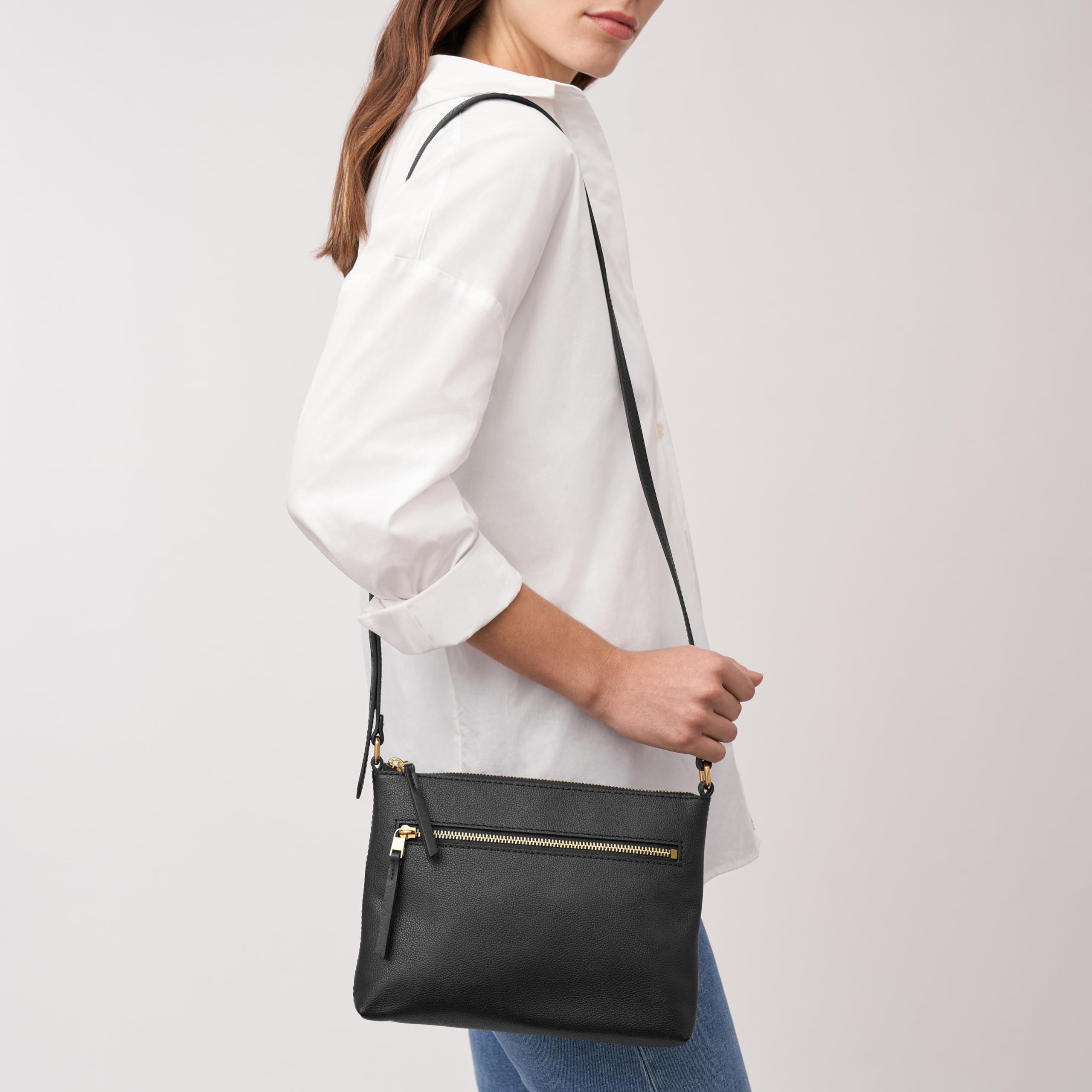 Fossil Women's Fiona Leather Large Crossbody Purse Handbag, Black (Model: ZB7267001)