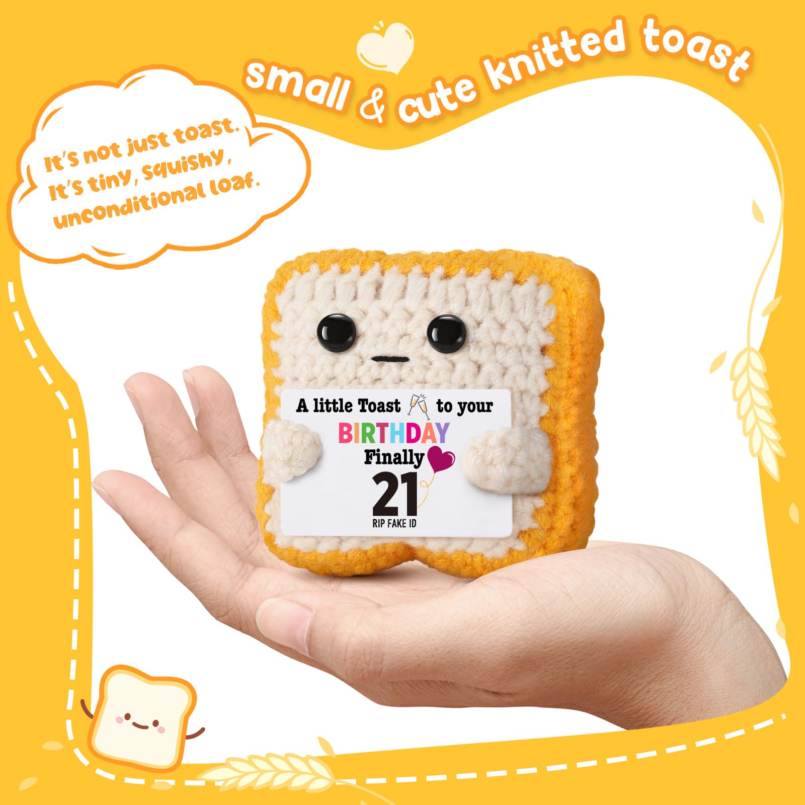 Ovrrcame Finally 21" Funny 21st Birthday Gifts for Her & Him - Crochet Toast with RlP Fake ID Gag Message - Unique Bar Cart Decor & Keepsake for Daughter, Son, Friend