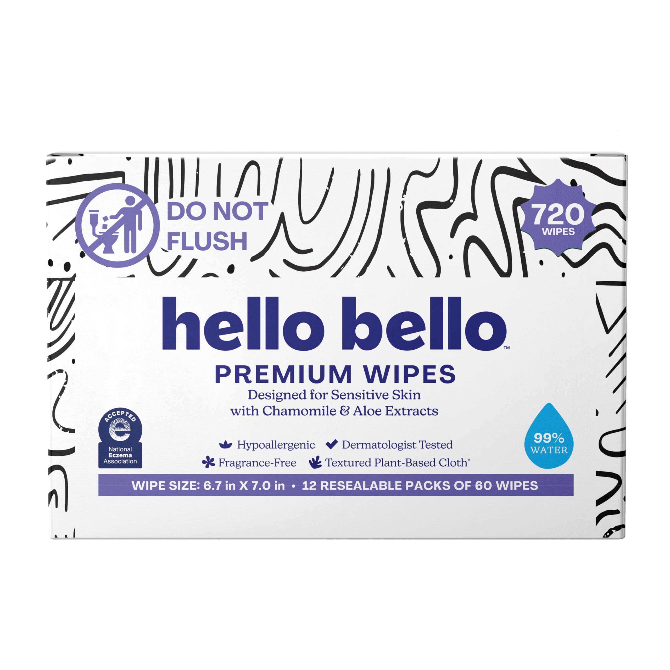 Hello Bello Premium Wipes, Designed for Sensitive Skin with Chamomile & Aloe Extracts, Playful Sketches (12 Resealable Packets = 720 Total Wipes)