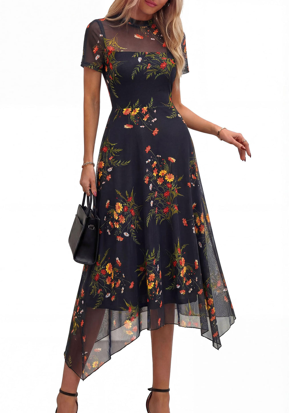 PRETTYGARDEN Cocktail Dresses for Women 2026 Summer Short Sleeve Floral Mesh Sheer Midi Party Wedding Guest Dress (Floral Black Yellow,Medium)