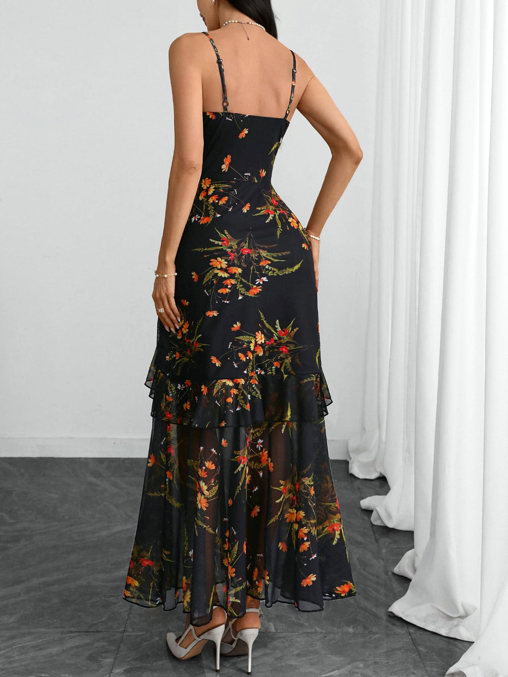 GothDark Women Floral Mesh Maxi Dress Sexy V Neck Spaghetti Strap Tiered Ruffle Hem Party Long Dresses for Wedding Guest Multicolor