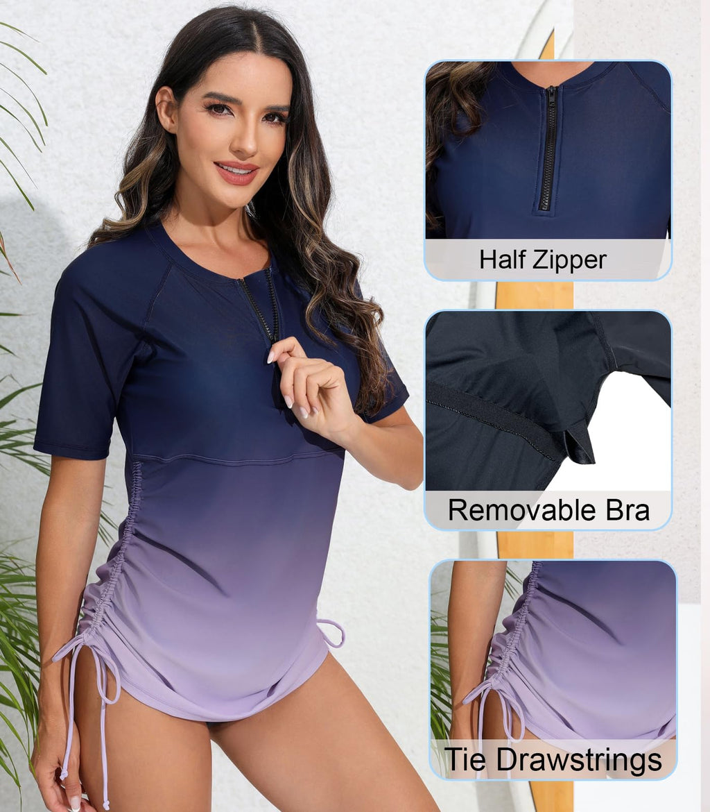 Halcurt Women's Short Sleeve Rash Guard Swim Shirt with Bra Half Zip Tie Drawstring UPF50+ Swimsuit Top Ombre Navy Purple L
