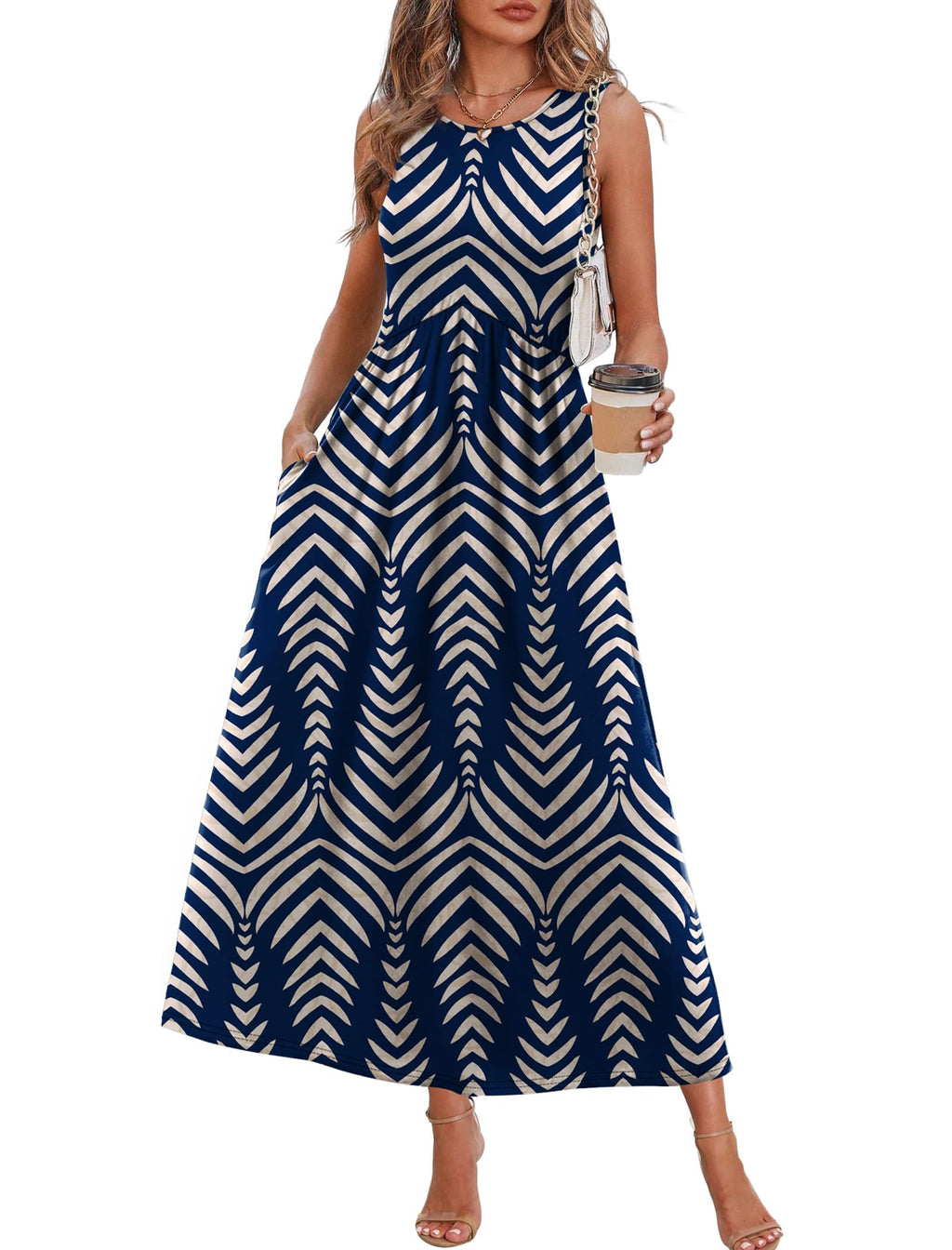 Casual Dresses for Women Long Maxi Sun Dresses Sleeveless Boho Summer Wedding Guest Dresses Formal Work Dress Empire Waist Beach Vacation Outfits Spring Fashion Clothing Cute XL Navy Print