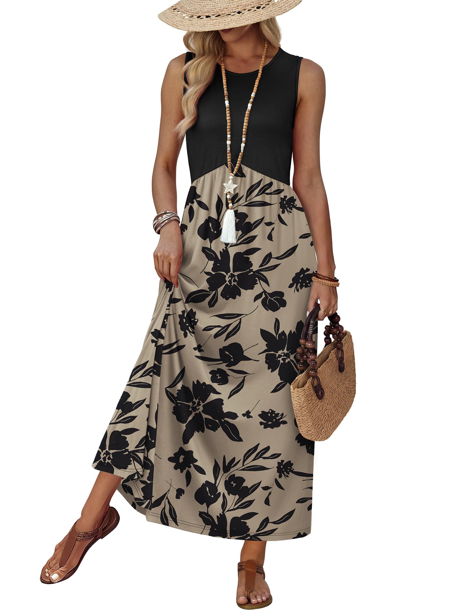 Spring Dresses for Women Maxi Summer Dresses Flowy Floral Tank Dress Long Sleeveless Sundresses with Pockets 2026 Beach Vacation Travel Clothes Airport Outfits L