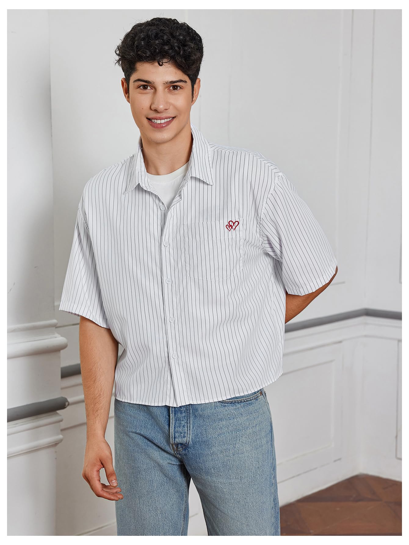SweatyRocks Men's Striped Button Down Shirt Short Sleeve Collared Loose Fit Crop Shirt with Pocket White X-Small