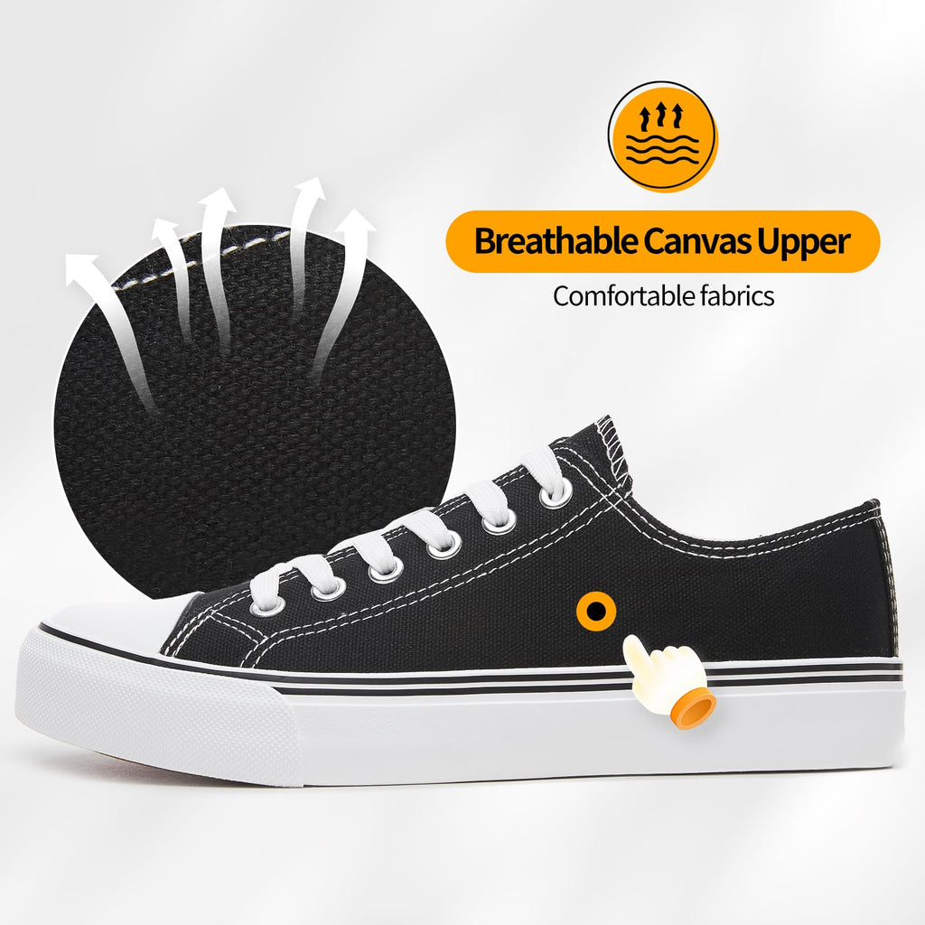 ZGR Womens White Tennis Shoes for Women,Lace up Canvas Sneakers,Casual Walking Canvas Shoes(Black.US8)