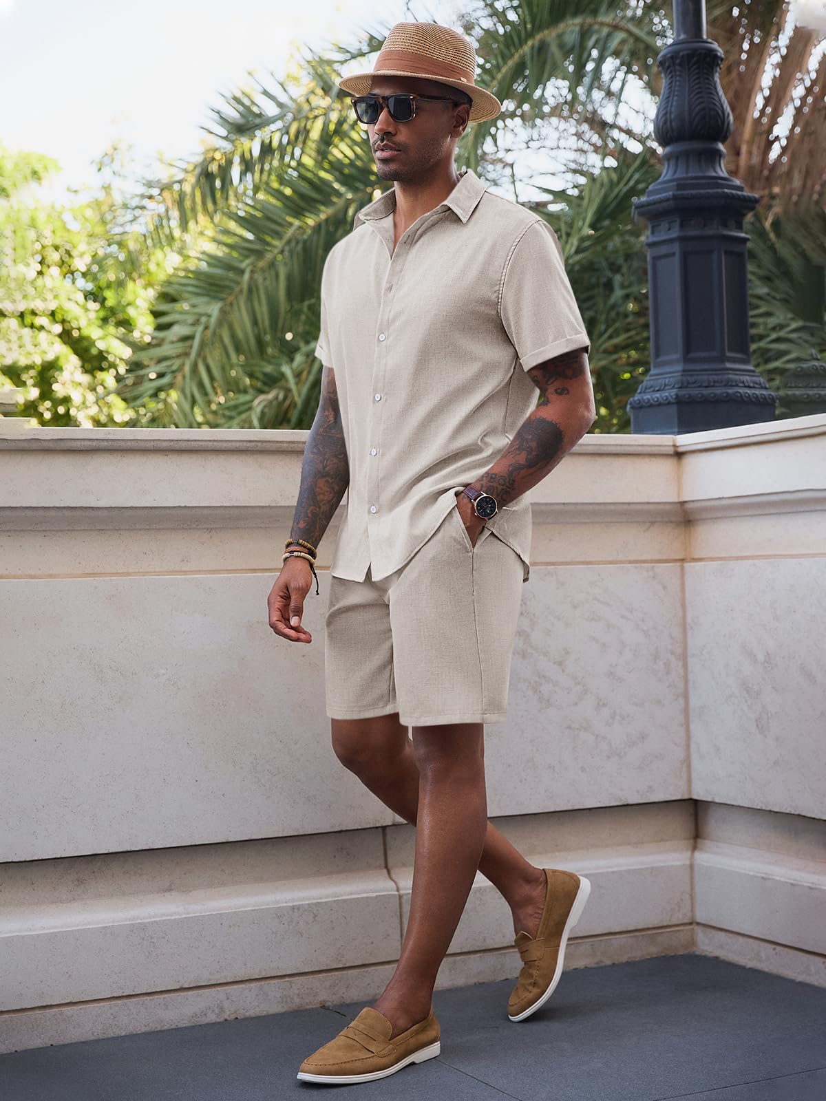 Runcati Mens Short Sleeve 2 Piece Sets Button Down Casual Summer Beach Vacation Linen Shirt and Shorts Outfit