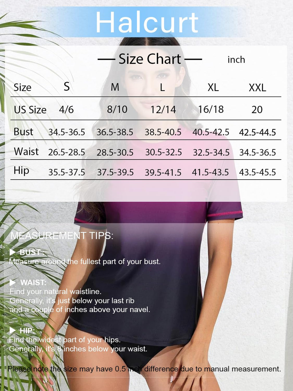 Halcurt Women's Short Sleeve Rash Guard Swimsuit Top with Built in Bra Swim Shirt UPF50+ Quick Dry Bathing Suit Ombre Black Purple XL