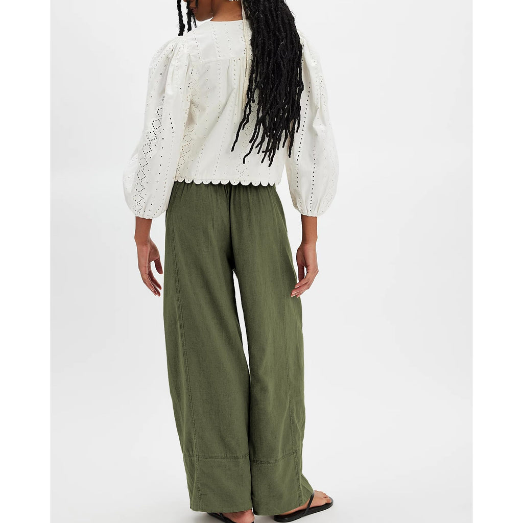 SeeLuNa Linen Pants for Women Cotton Baggy Boho Casual Palazzo Pants Wide Leg Long Lounge Trousers with Pockets(Army-Green,S)