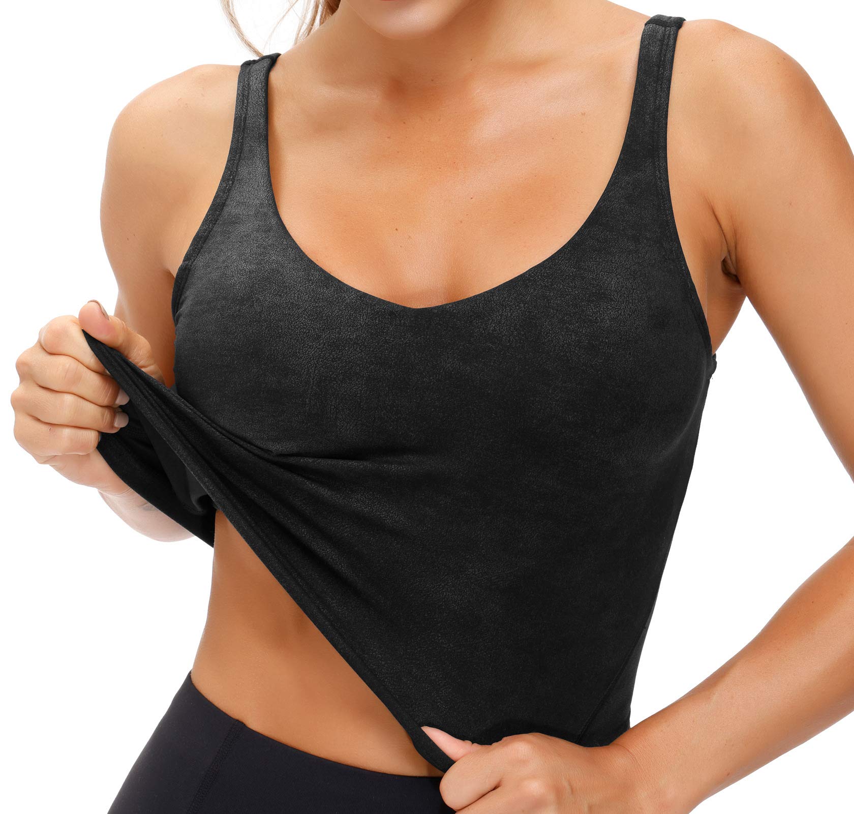 THE GYM PEOPLE Women’s Longline Sports Bra Wirefree Padded Medium Support Yoga Bras Gym Running Workout Tank Tops (Faux Leather Coated, Medium)