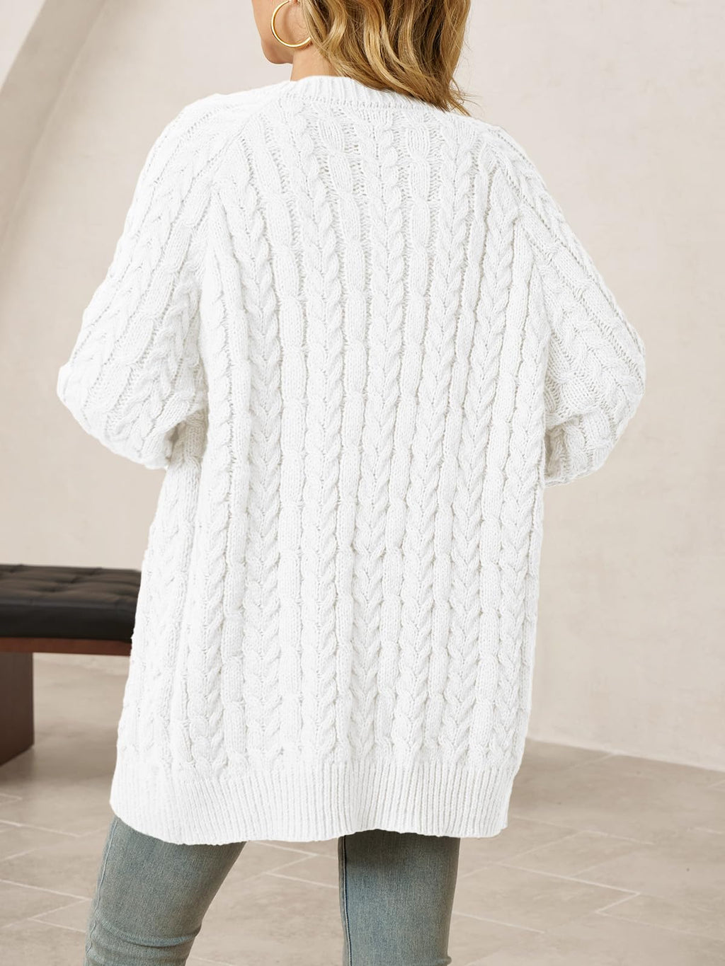Saodimallsu Womens Cable Knit Cardigans Oversized Chunky Button Down Long Lantern Sleeve Crew Neck Warm Sweater Dress White