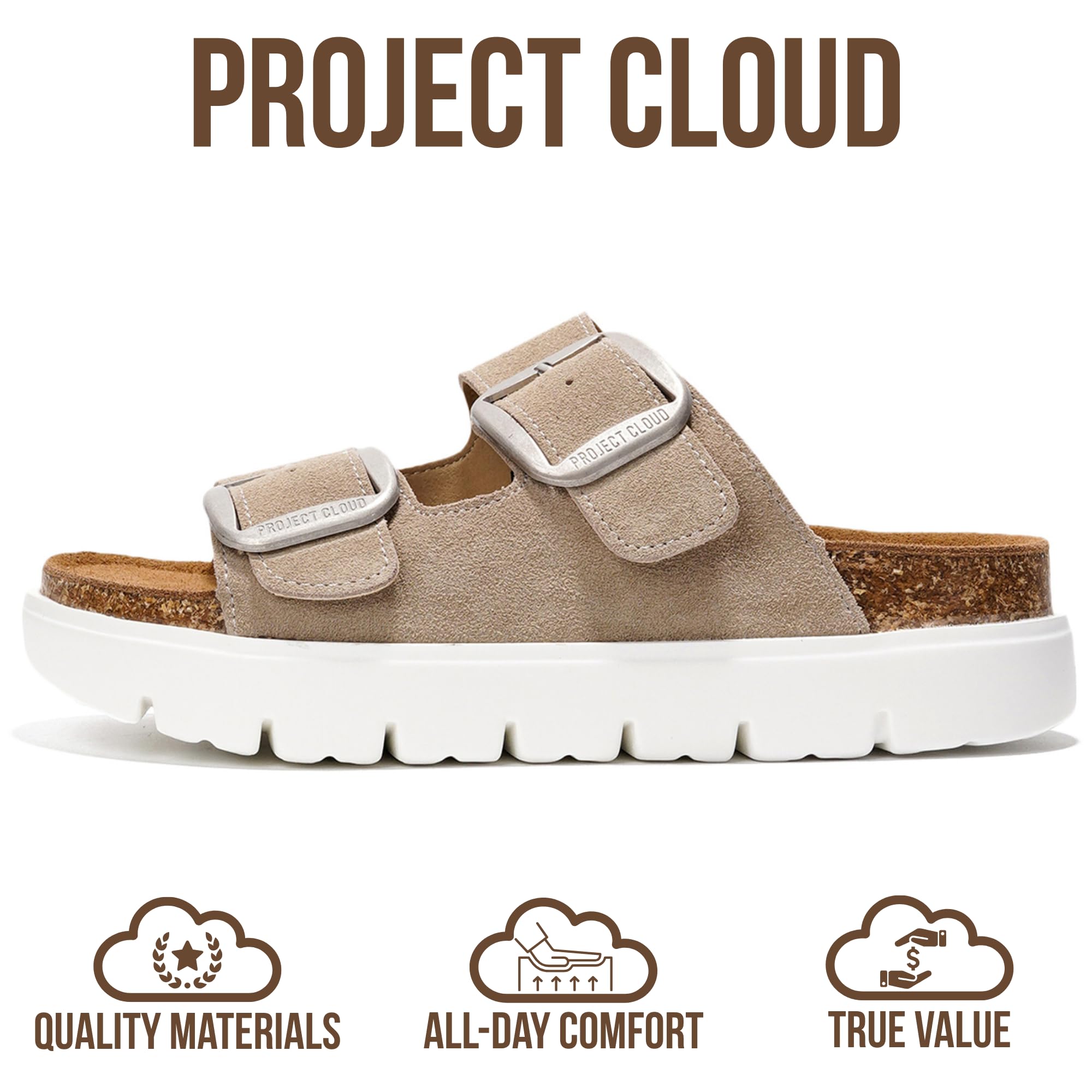 Project Cloud 100% Genuine Leather Platform Sandals Women Footwear - Wedge Chunky Slides for Women 2026 with Memory Foam Insole & Cork Footbed Womens Sandals (GreeceChunky)