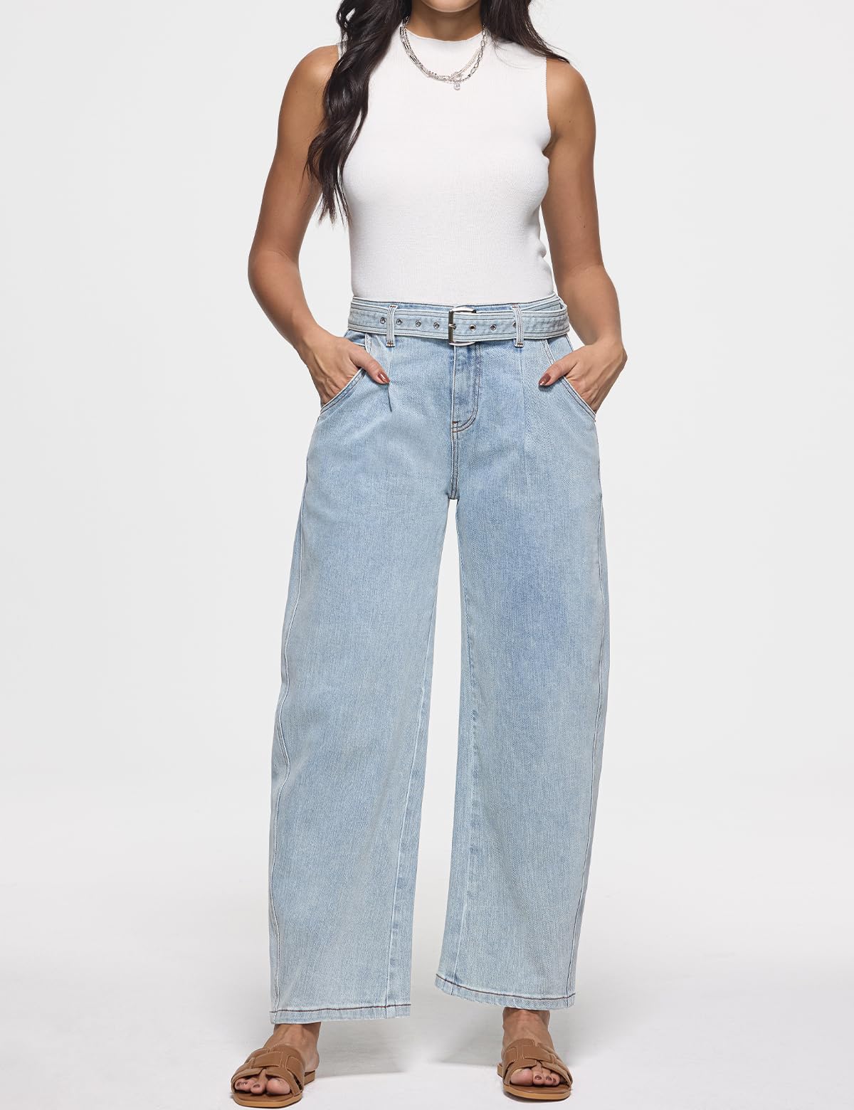 ZPIUO Barrel Jeans for Women - High Waisted Baggy Wide Leg Stretchy Denim Pants with Detachable Belt - Ice Blue Size 14