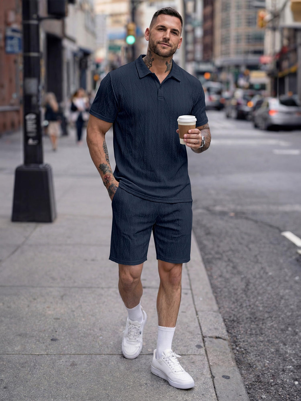 JMIERR Mens 2026 Casual 2 Piece Outfits Lounge Sets Jacquard Knit Short Sets Golf Short Sleeve Outfits for Beach Vacation