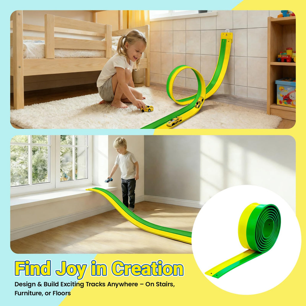 Flex Track 15ft for Kids, Build-Your-Own Creative Race Track Set, Dual-Tone Green & Yellow with Toy Cars & Parts