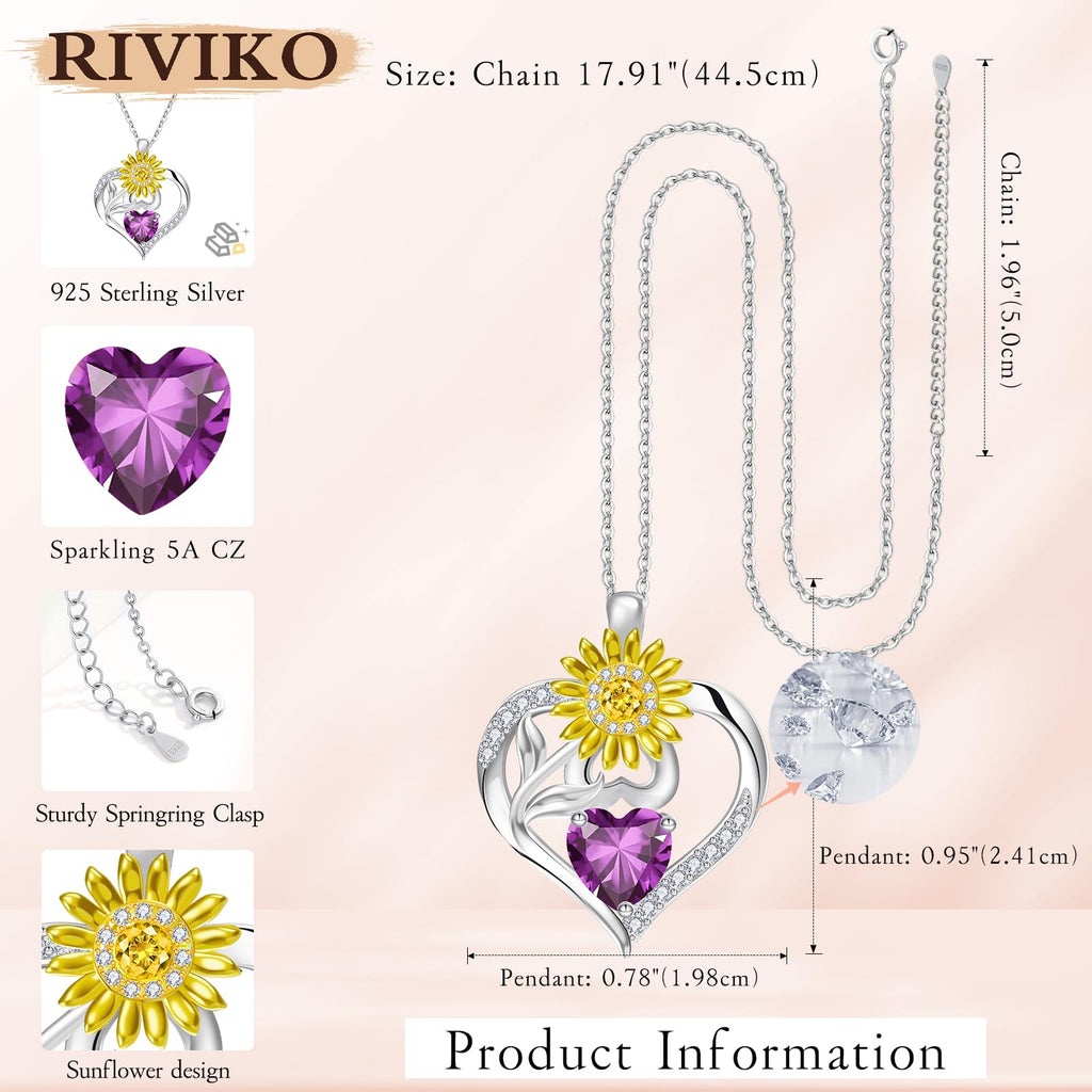 RIVIKO Valentine's Day Gifts for Her-Sunflower Birthstone Necklace for Women,925 Sterling Silver Heart Pendant,Anniversary Birthday Gifts for Women,Feb Birthstone Jewelry for Wife Mother