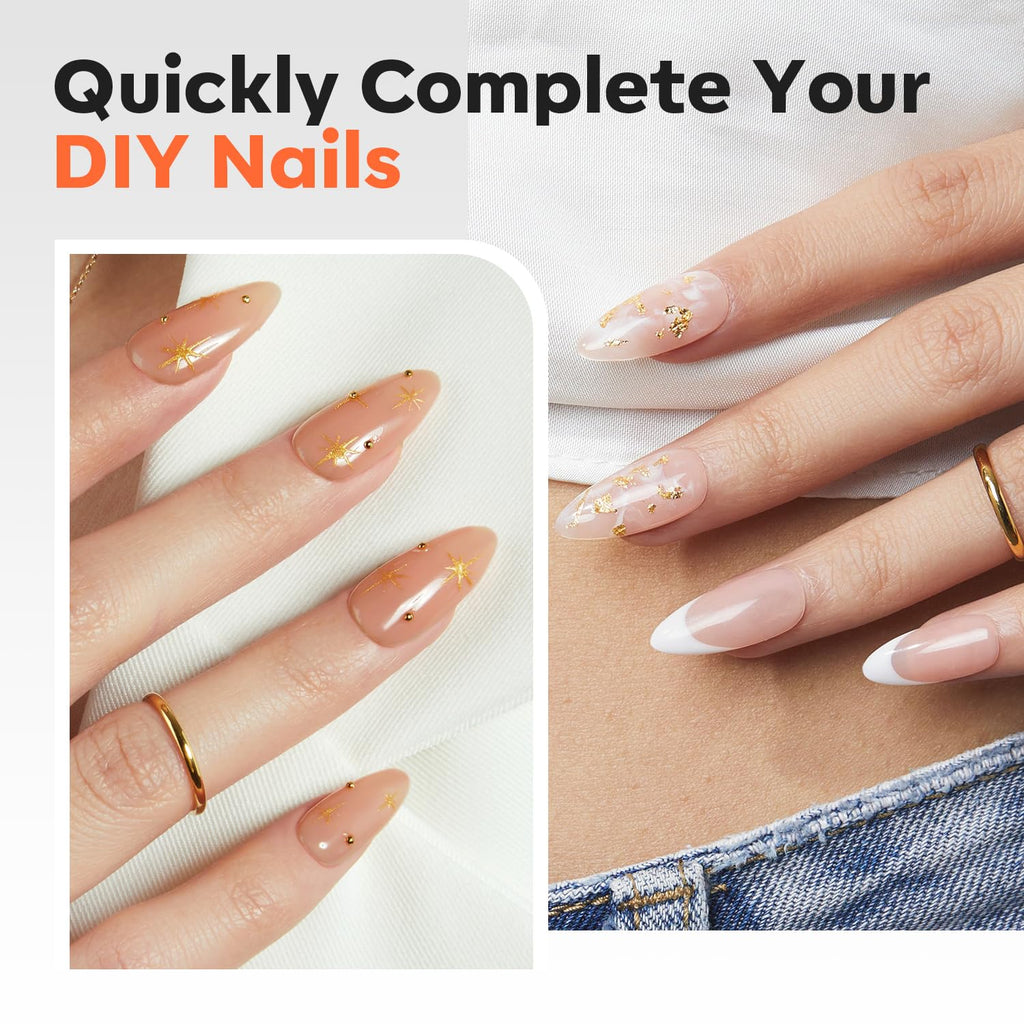 modelones X Nail Gel Kit Almond, 15Sizes Instant Apex False Nail Tips Solid Glue & Mini U/V Lamp, 240Pcs Medium Almond Pre-Building Thick Acrylic Press on Tips LED Light Extension Kit Women Gift