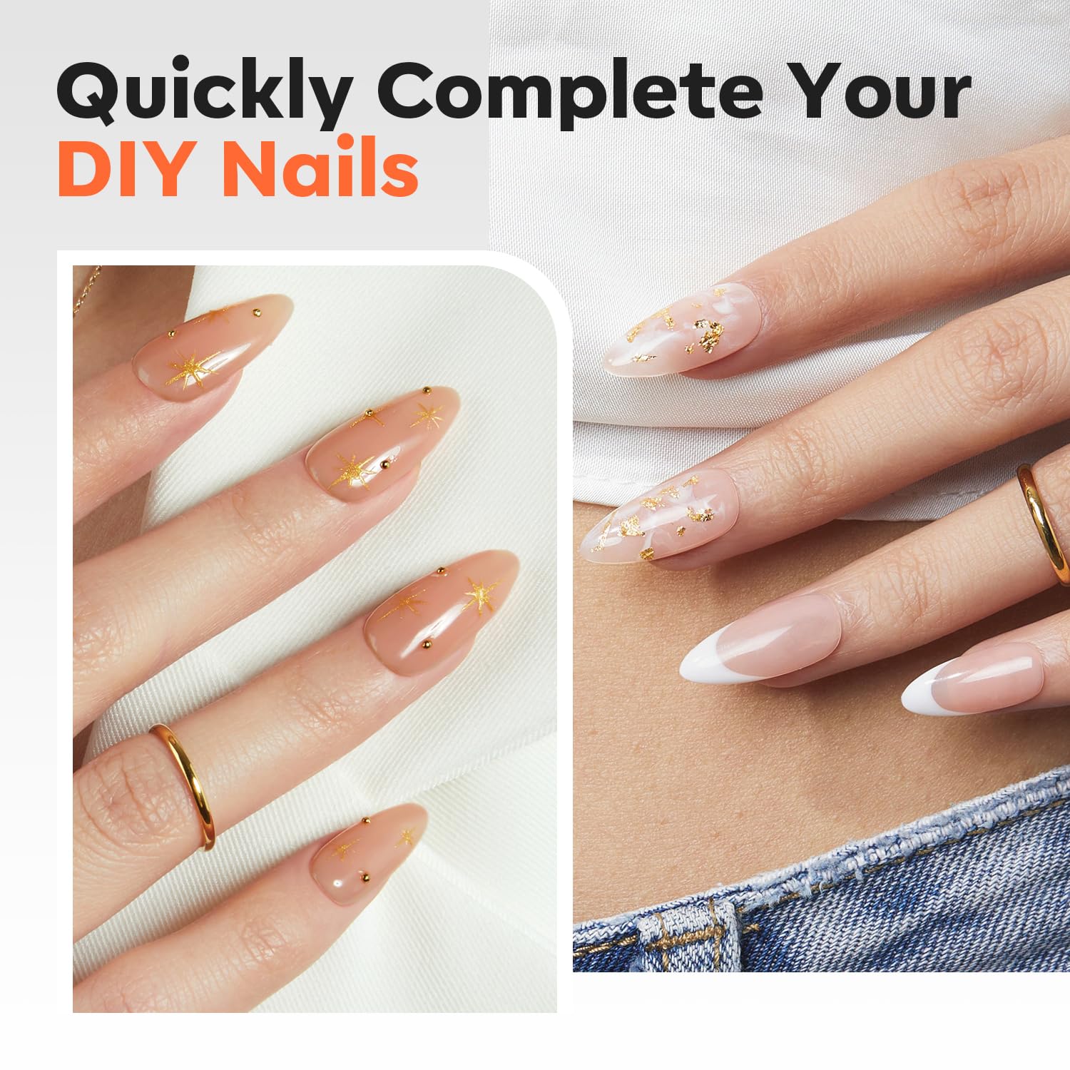 modelones X Nail Gel Kit Almond, 15Sizes Instant Apex False Nail Tips Solid Glue & Mini U/V Lamp, 240Pcs Medium Almond Pre-Building Thick Acrylic Press on Tips LED Light Extension Kit Women Gift