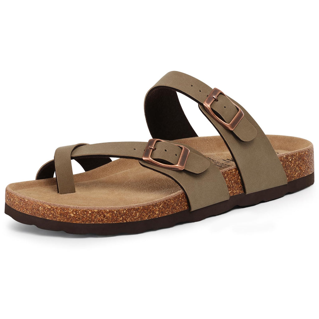 KIDMI Women's Cork Footbed Sandals with Toe Loop, Comfortable Summer Slip-On Slides with Adjustable Buckle, Brown 39