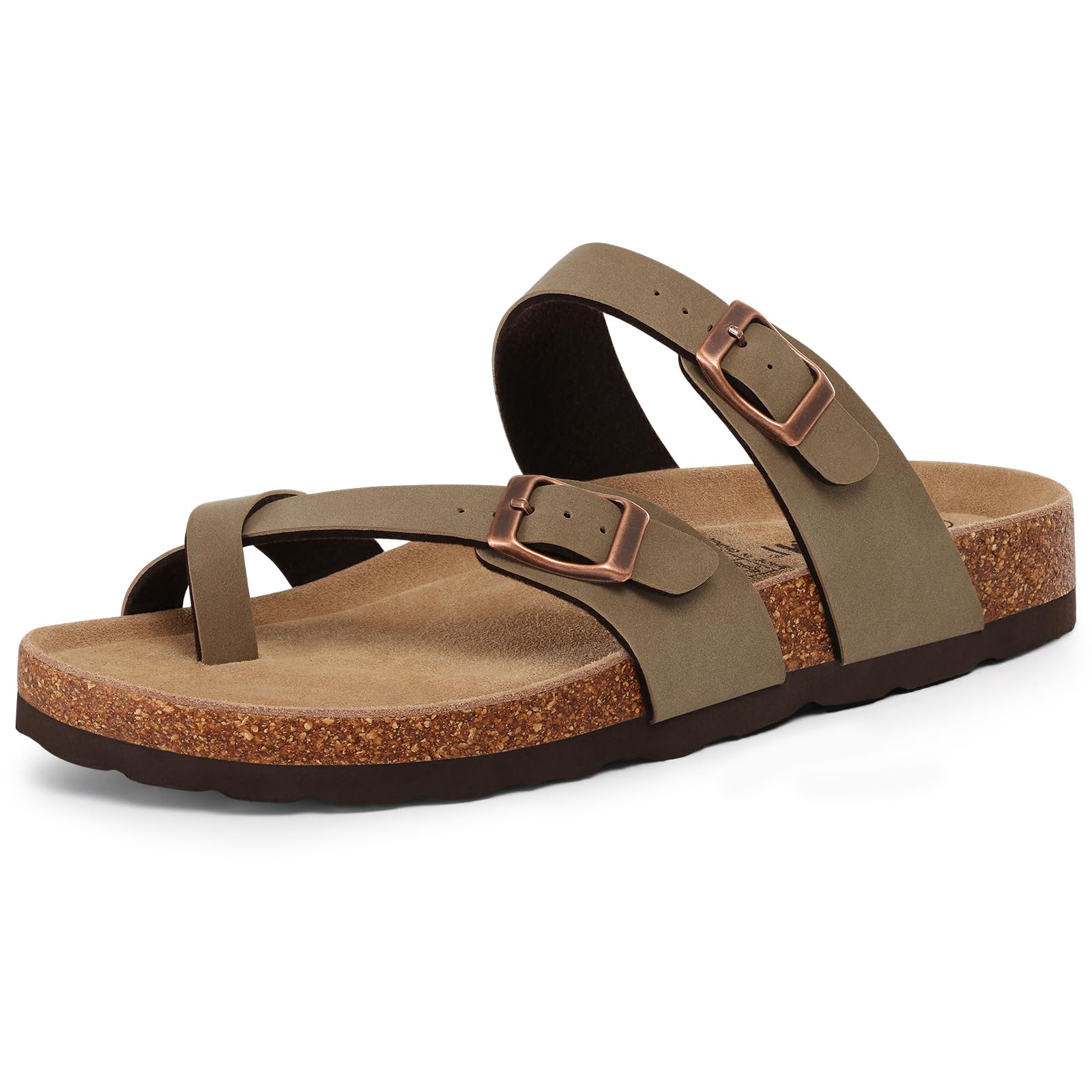 KIDMI Women's Cork Footbed Sandals with Toe Loop, Comfortable Summer Slip-On Slides with Adjustable Buckle, Brown 39