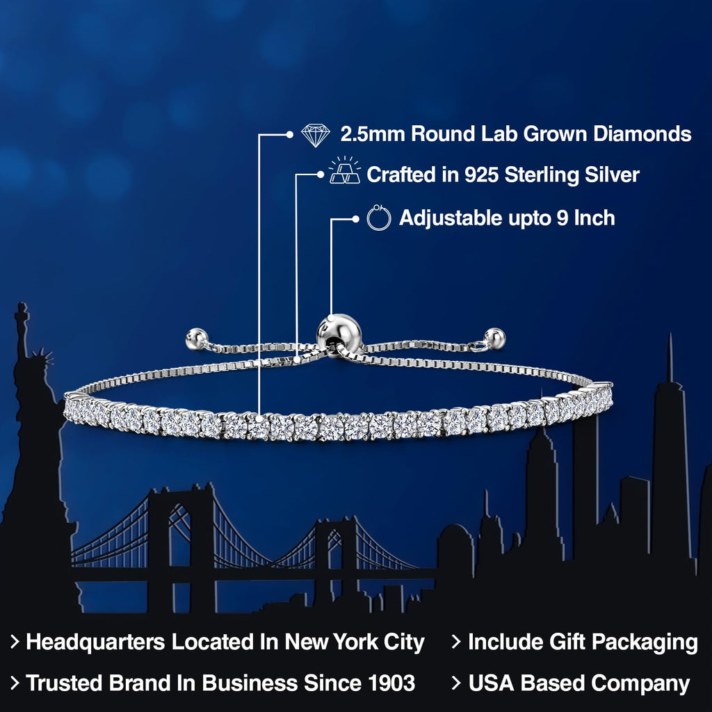 Gem Stone King 2 to 2.65 Cttw Lab Grown Diamond Tennis Bracelet for Women | 925 Sterling Silver | Round | E-F | VVS-VS | Adjustable Bolo Bracelet | Fits Up To 9 Inch Wrist | Sterling Silver | 2 Ct
