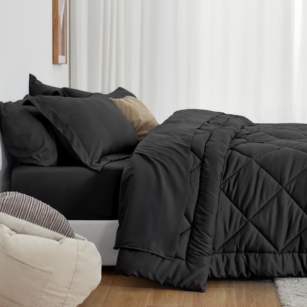 Love's cabin King Size Comforter Set Black, 7 Pieces King Bed in a Bag, All Season Bedding Sets with 1 Comforter, 1 Flat Sheet, 1 Fitted Sheet, 2 Pillowcase and 2 Pillow Sham