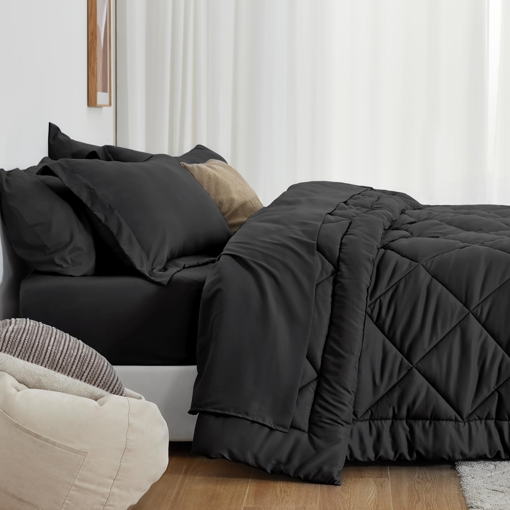 Love's cabin King Size Comforter Set Black, 7 Pieces King Bed in a Bag, All Season Bedding Sets with 1 Comforter, 1 Flat Sheet, 1 Fitted Sheet, 2 Pillowcase and 2 Pillow Sham