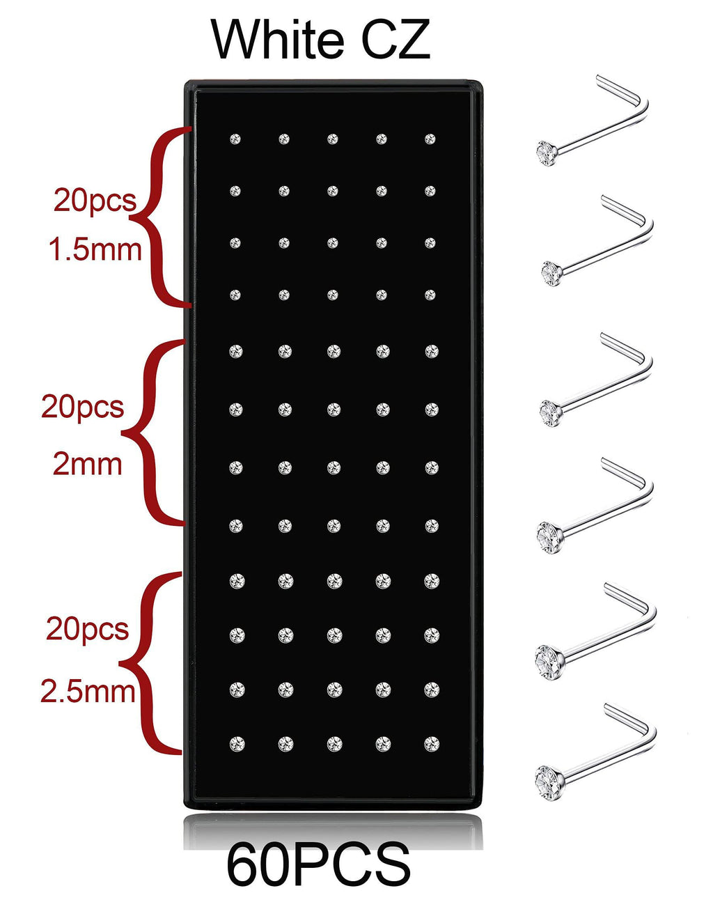 THUNARAZ 60-120pcs Stainless Steel Nose Studs Rings Piercing Pin Body Jewelry 20G-22G 1.5mm 2mm 2.5mm (H:60Pcs White CZ(1.5mm,2mm,2.5mm) 20G L Shaped)
