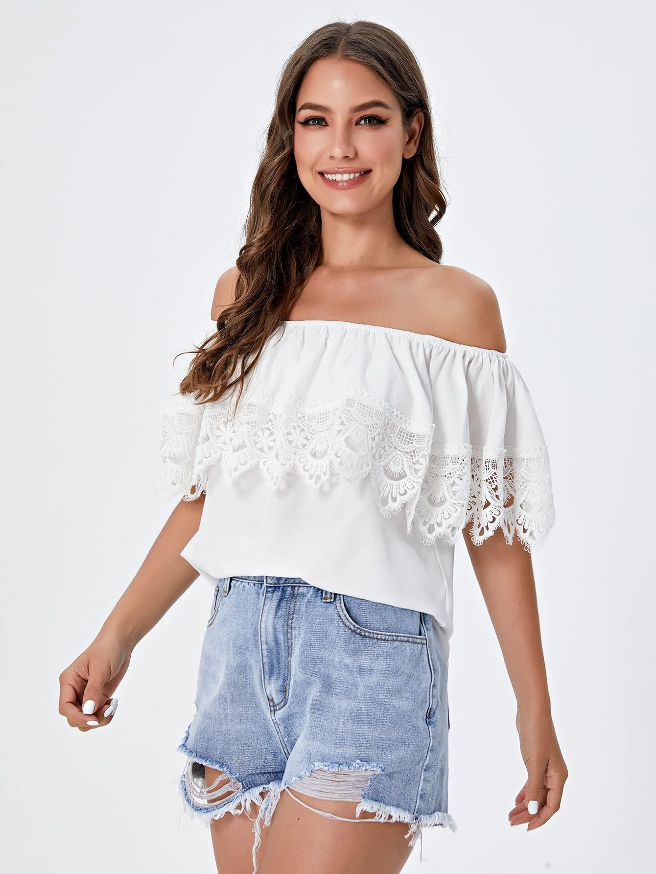 WDIRARA Women's Off the Shoulder Ruffle Trim Short Sleeve Lace Blouse Casual Tops Beige S