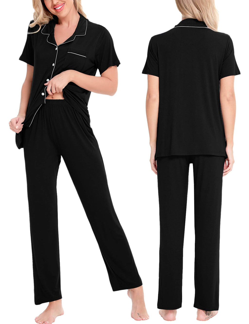 SWOMOG Women Pajama Sets Two-Piece Nightwear Short Sleeve Sleepwear Button Down Pj Lounge Sets with Long Pants Black