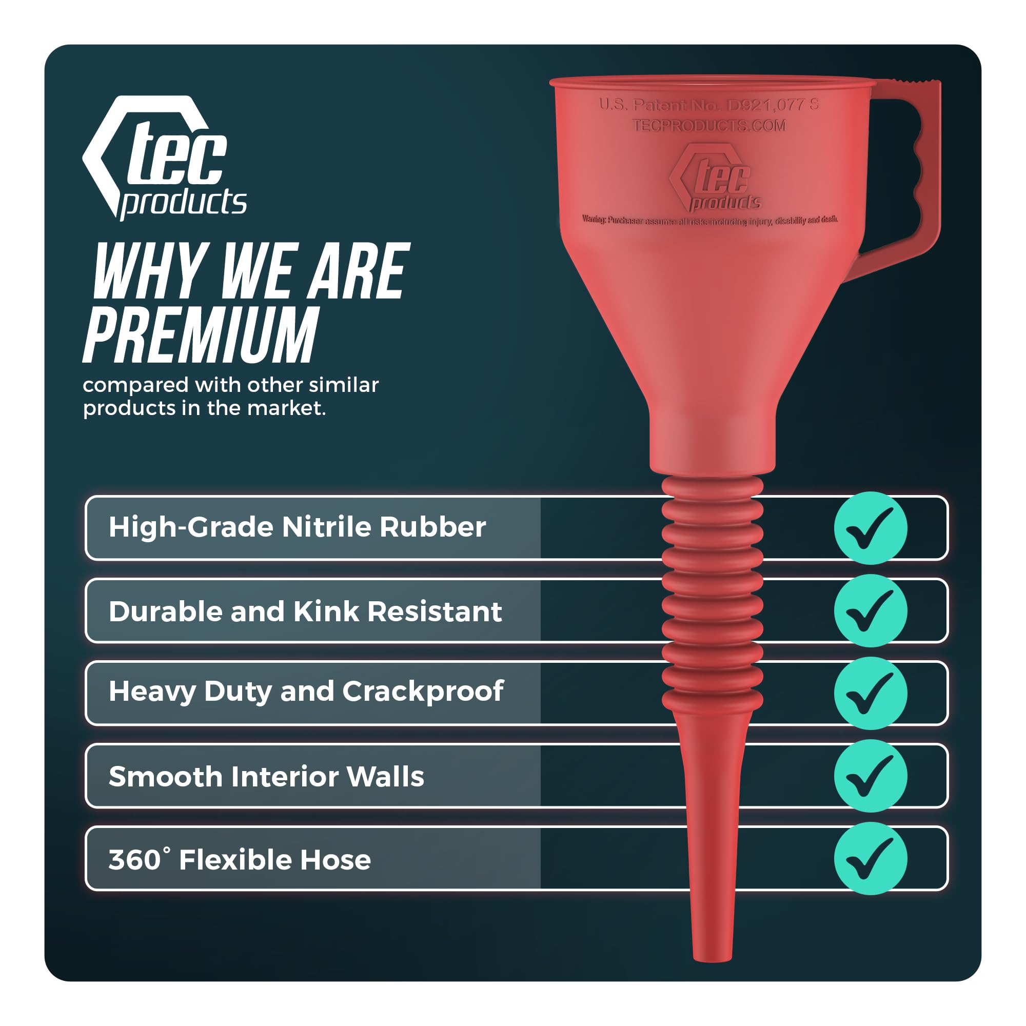 TEC Products FlexAll Long Flexible Funnels - Automotive Oil Funnel with Hose, Durable Nitrile Rubber for Oil Change, Transmission Funnel Fluid, Diesel, Fuel, Gas - Made in USA - Red (16 x 5 Inches)